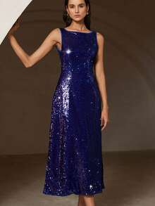 Aveloria Rosie 秋季亮片露背无袖派对性感连衣裙，优雅英伦风 - 藍色 - 查看 3