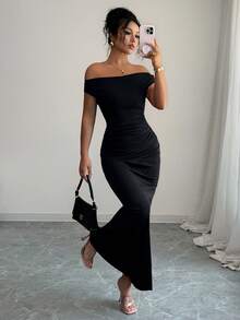 Rafferiza Elegant Ruched Off-Shoulder Metallic Accent Fitted Party Dress For Women - Black - View 6