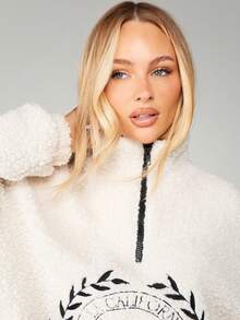 Missguided x Playboy Sherpa Funnel Neck Zip Sweatshirt With Logo Print For Cold Weather - White - View 5