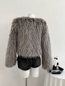 SHEIN PETITE 粉色鸵鸟仿皮草大衣 - 灰色 - 查看 2