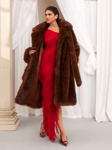 VOLUPTÉ CURVE Jaket Panjang Hangat Tebal Bergaya Prancis Ukuran Besar Warna Cokelat dengan Kerah Bulu Imitasi, Manset Mutiara, dan Hiasan Mutiara untuk Musim Dingin, Cocok untuk Pernikahan, Pesta, Jalan-jalan, dan Prom. - Coffee Brown - View 5