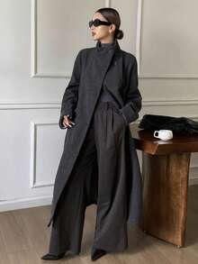 Livesso 女士休闲纯色高领长袖系带外套，秋冬女式外套 - 灰色 - 查看 6