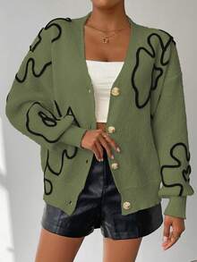 Chiquease Women's Floral Textured Drop Shoulder Long Sleeve Single-Breasted Casual Knit Cardigan, Autumn/Winter - Green - View 5