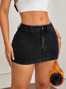 SHEIN ICON 女式口袋修身水洗牛仔半身裙，带保暖衬里 - 黑色 - 查看 4