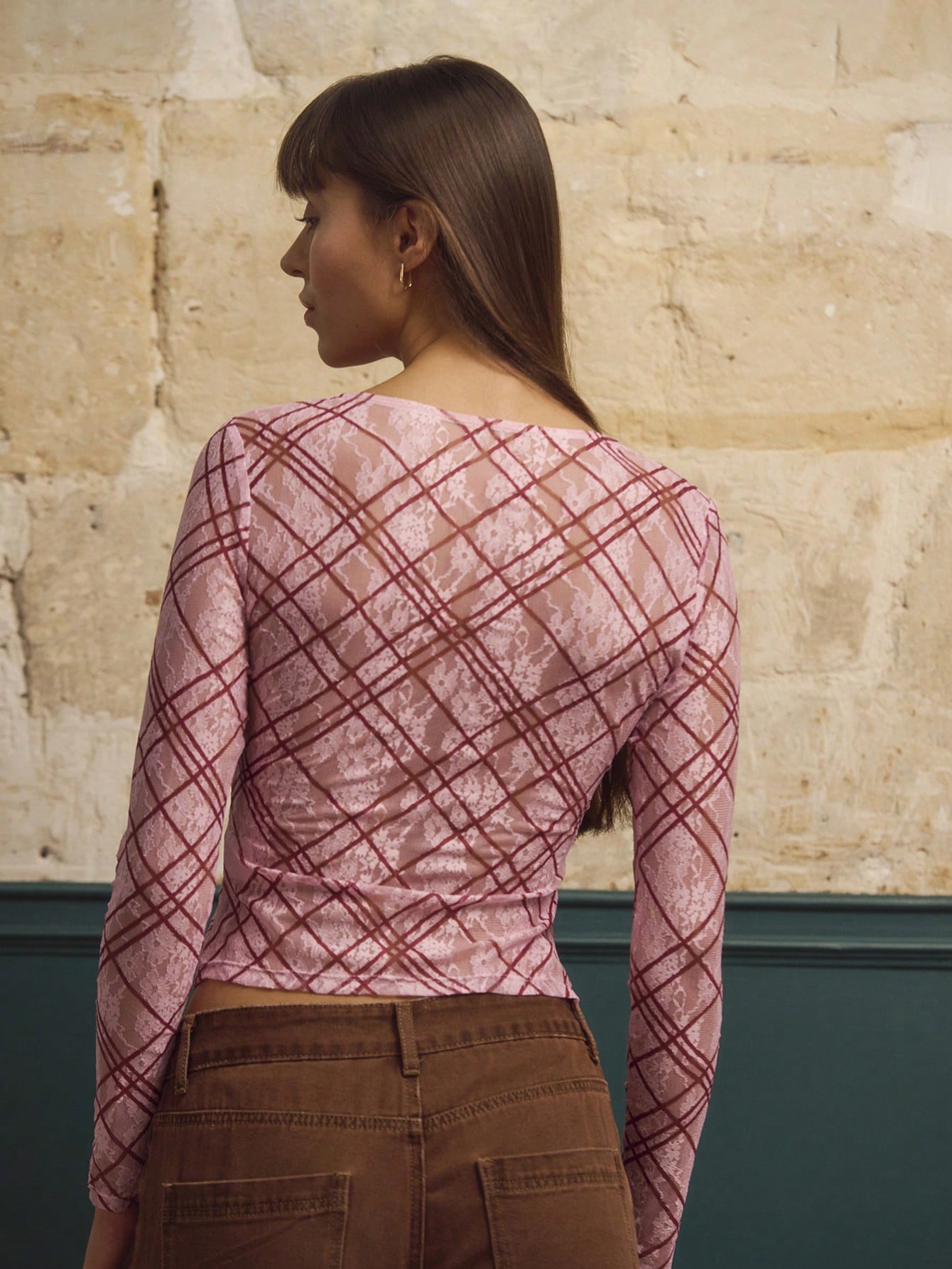 Pale Pink Lace Shirt With Burgundy Check Pattern Long Sleeves Top Spring Summer Pink Top Pink Check Top Pink Plaid Top Elegant Winter Top