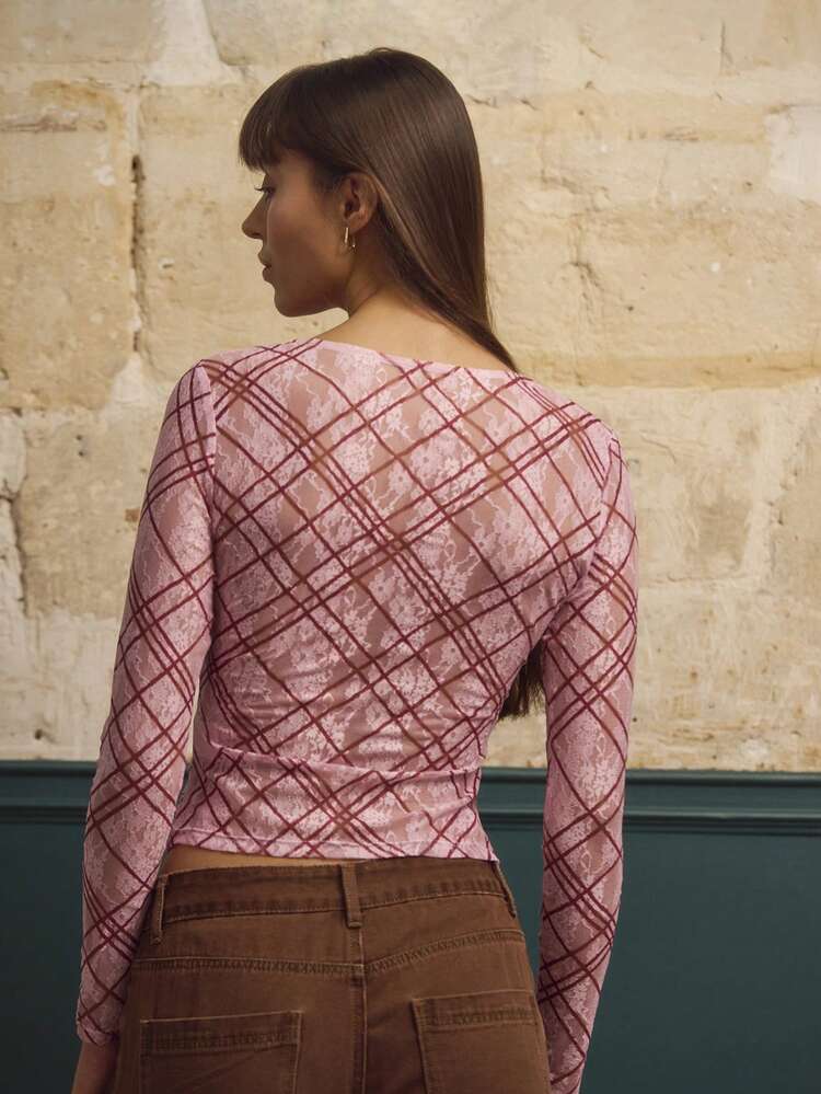 Pale Pink Lace Shirt With Burgundy Check Pattern Long Sleeves Top Spring Summer Pink Top Pink Check Top Pink Plaid Top Elegant Winter Top