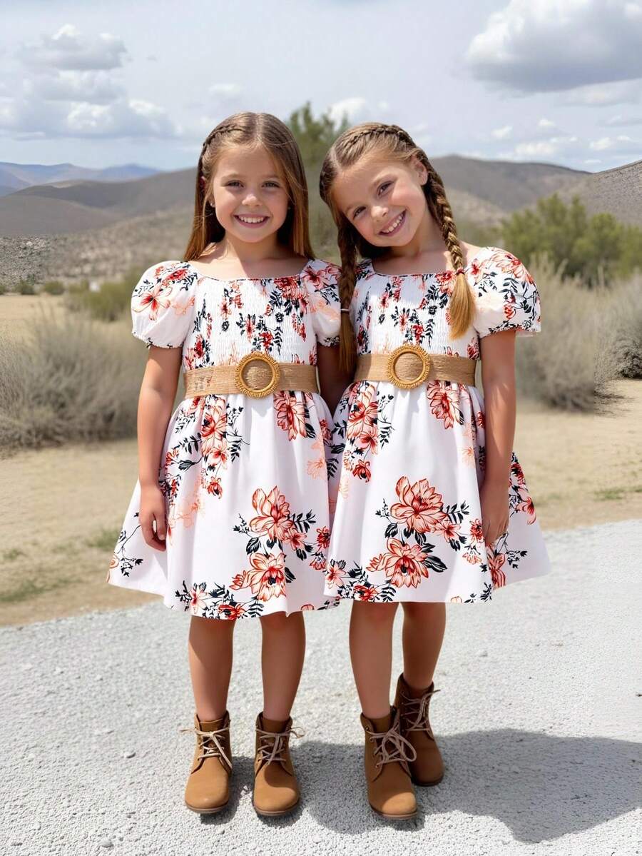 SHEIN 少女花卉印花泡泡袖收縮連身裙（不帶皮帶）