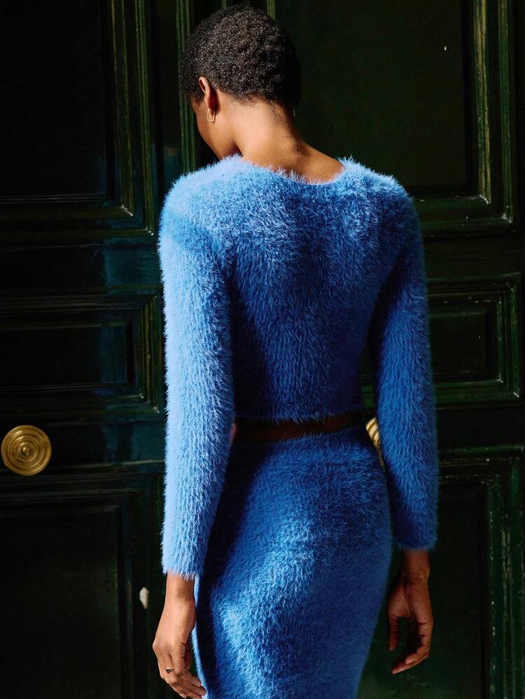 Blue Fluffy Knit Two Pieces Set With Long Sleeve Top And Fitted Midi Skirt Cosy Chic Autumn Winter