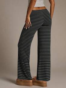 Aloruh Women's New Super Low Waist Black Striped Pants, Autumn/Winter,Black Pant,Fall,Fall Clothes For Women