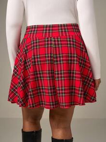 SHEIN Tall CURVE Women's Plus Size Christmas Red Plaid Skirt,Autumn 90s Everyday Back-To-School Fashion Cross Waist Checkered Culottes With Shorts Inside And Pockets - Red - View 2