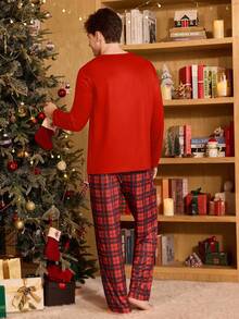 CoupledUp Bộ đồ ngủ nam tay dài họa tiết kẻ caro màu tương phản hình ông già Noel Giáng sinh Bộ đồ ngủ đôi màu đỏ Bộ đồ ngủ Giáng sinh Quần áo Giáng sinh cho mùa đông - Nhiều màu - Xem 7