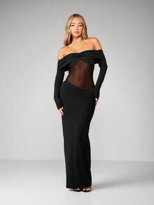 MISSGUIDED Off Shoulder Long Sleeve Bodycon Maxi Dress With Mesh Insert Panel For Evening Occasions - Black - View 4