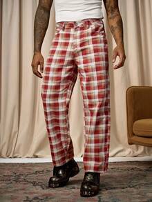 Manfinity Homme 男士休闲格子印花直筒牛仔裤，万圣节学院风 - 彩色 - 查看 4