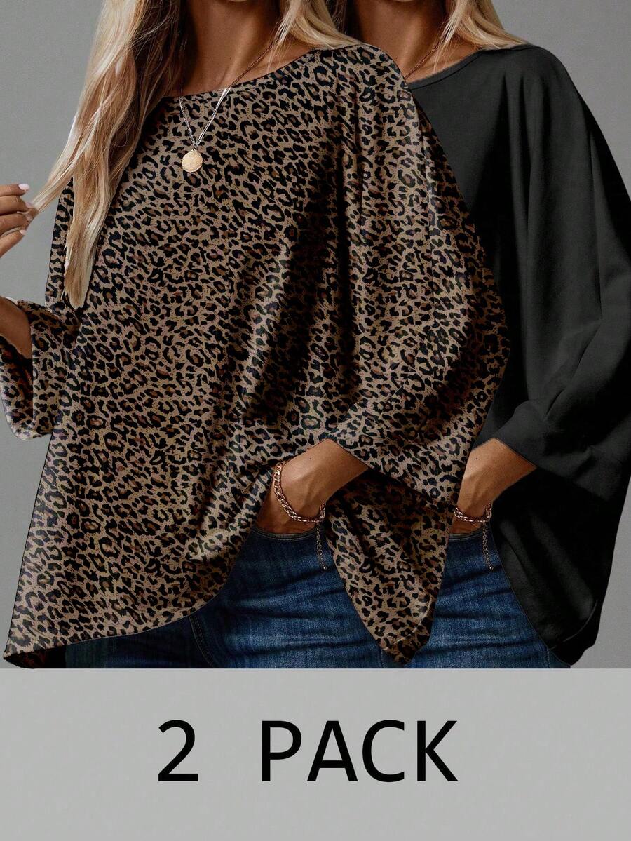 EMERY ROSE 2件/套 女士休闲简约纯色黑色和豹纹基础款T恤，适合秋冬季多件装上衣 猎豹纹上衣，休闲 - 彩色 - 查看 1