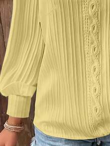 大码女式撞色蕾丝V领泡泡袖宽松优雅衬衫 - 黃色 - 查看 3
