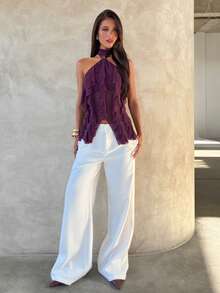 Aloruh Women's Elegant Multi-Layer Ruffle Trim Stand Collar Fitted Tank Top Purple