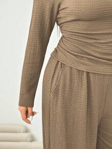 Solflare 2 Pieces Textured Plus Size Khaki Solid Color Slim Fit Casual Outfit, Stylish Daily Wear - Khaki - View 7