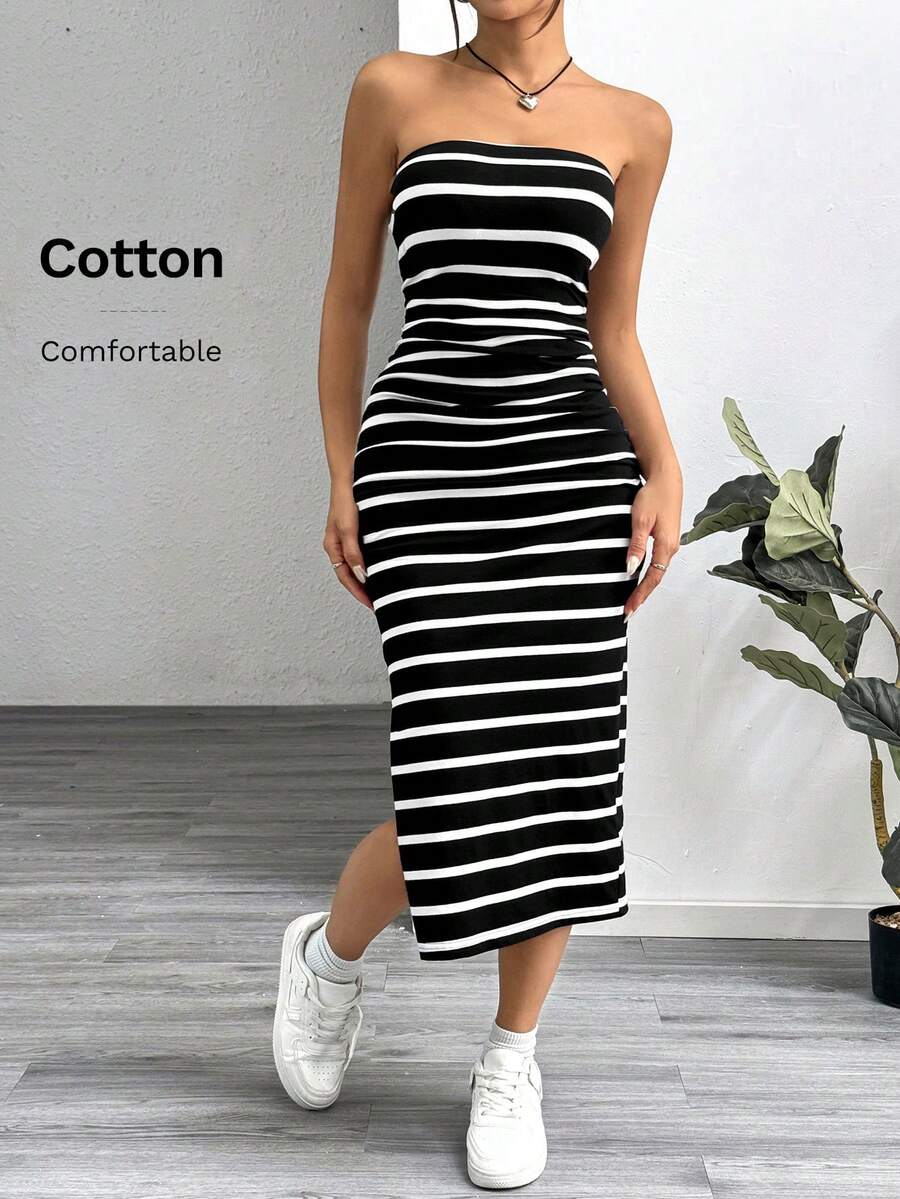 SHEIN EZwear 女士黑白條紋針織無肩帶修身連身裙 - 黑與白 - 查看 1