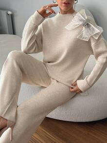 EURMUSE Women Sweater Sets With 3d Big Ribbon Detail - Beige - View 2