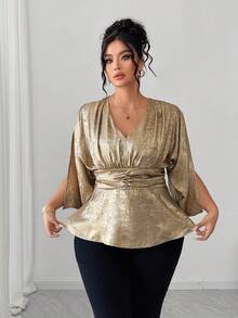 Elenzga Sukienka damska w dużym rozmiarze, najlepiej sprzedająca się, z dekoltem w serek i rozcięciem w talii, w kształcie litery A, z metalicznym akcentem, elegancka, wyszczuplająca suknia wieczorowa na ekskluzywne bankiety, imprezy, spotkania biznesowe, z odkrytymi ramionami, romantyczna, formalna, długa bluzka - Złoto - Zobacz 3