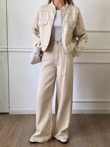 DAZY 女式休闲仿口袋夹克和阔腿牛仔裤套装，秋季 - 米色 - 查看 4
