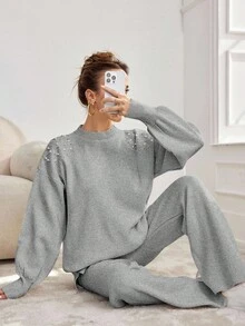 SHEIN Cottnline Women's Beaded Stand Collar Drop Shoulder Sweater Set - Light Grey - View 5