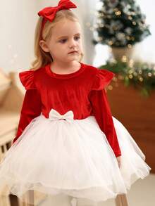 SHEIN Baby Girl Colorblock Bow Decor Ruffle Trim Mesh Patchwork Long Sleeve Dress - Multicolor - View 5