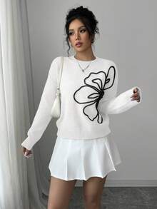 Elenzga Suéter de cuello redondo para mujer con estampado floral y unicolor - Blanco - Ver 4
