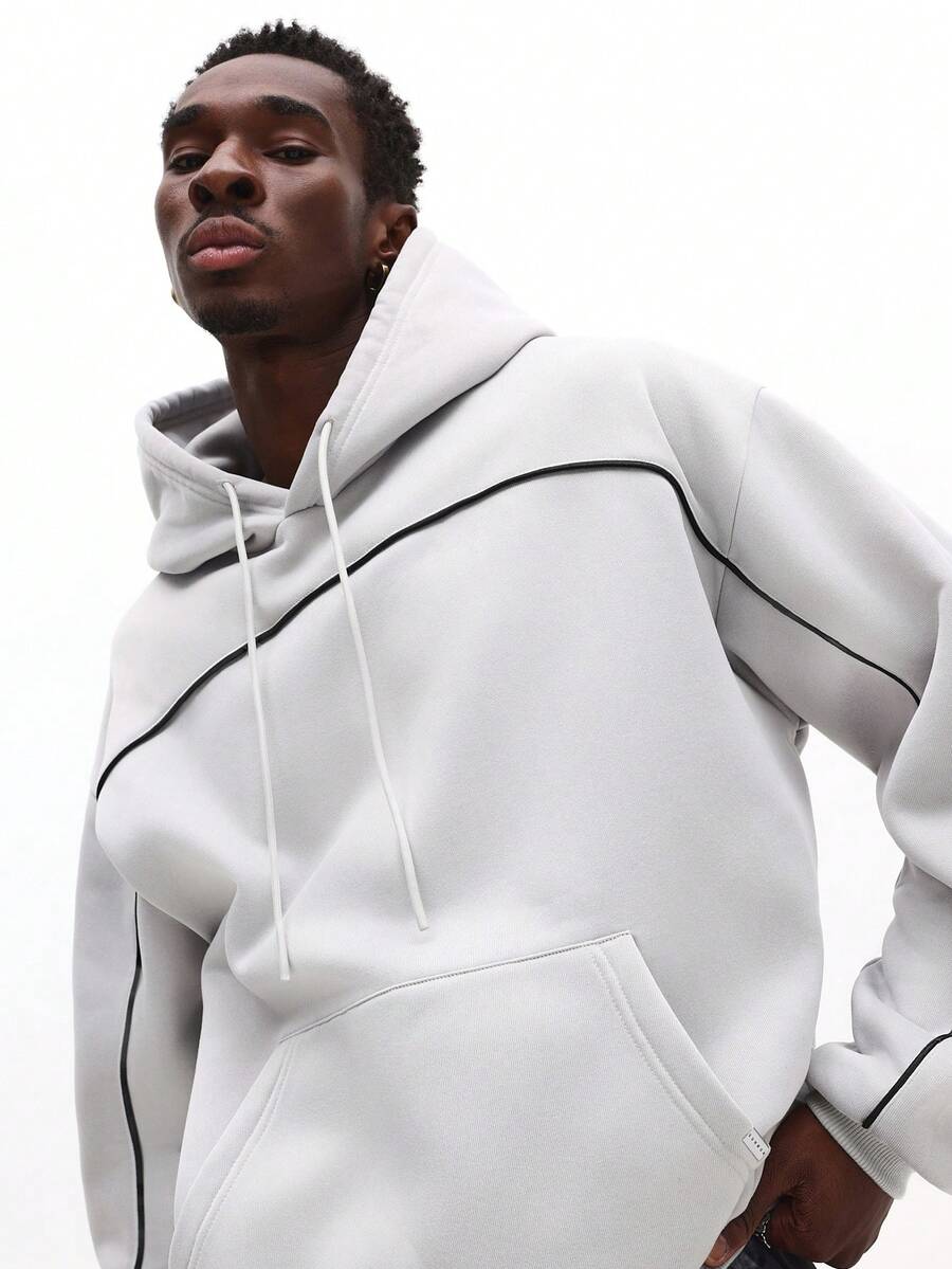 SUMWON 男女通用宽松套头连帽衫，经典休闲加厚卫衣，带抽绳帽和中央口袋，纯色 - 灰色 - 查看 1