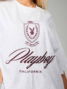 Missguided x Playboy California Graphic Oversized T-Shirt With Logo Design Short Sleeve Casual Cotton Tee - Light Grey - View 5