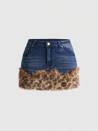Grunge Punk Minigonna di jeans Y2K vintage sexy con stampa leopardata, patchwork, decorata con strass e finta pelliccia