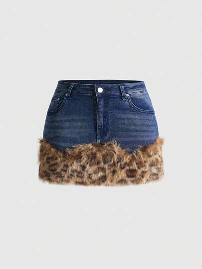 Grunge Punk Minigonna di jeans Y2K vintage sexy con stampa leopardata, patchwork, decorata con strass e finta pelliccia