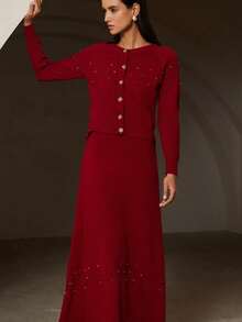 GENKIRA 2pcs Diamond Studded Crew Neck Sweater & Solid Color Mini Skirt Set - Red - View 5