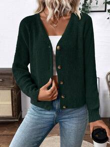 EMERY ROSE Versatile V-Neck Cardigan Sweater, Loose Casual Minimalist Open Front Knit Jacket For Women - Dark Green - View 4