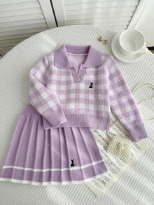 Souflis Souflis Young Girl Casual Plaid Knit Sweater And Skirt Set, Autumn/Winter