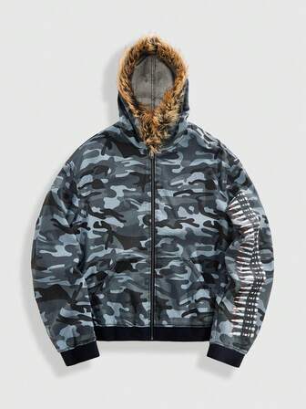 Street Life Veste en jean à capuche décontractée à manches longues avec motif camouflage pour hommes, automne/hiver