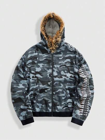 Street Life Chaqueta vaquera casual con capucha de manga larga con estampado de camuflaje para hombres, otoño/invierno