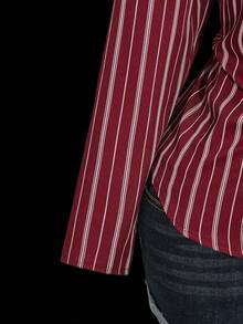 SHEIN ICON 大码女式红色条纹斜襟腰褶V领长袖衬衫，休闲度假性感，适合秋季，秋季服装 - 彩色 - 查看 8