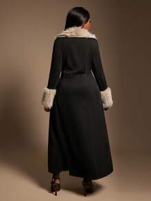 SHEIN SXY 大码女式复古性感优雅百搭哑光绒面羊毛长款夹克，带人造毛皮毛茸茸领子 - 黑色 - 查看 9