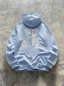 AXEPEAK Men Bear Print Drawstring Thermal Lined Hoodie, Light Blue Graphic Long Sleeve Thick Casual Hoodie, For Friends, Husband, Boyfriend Gifts - Baby Blue - View 1