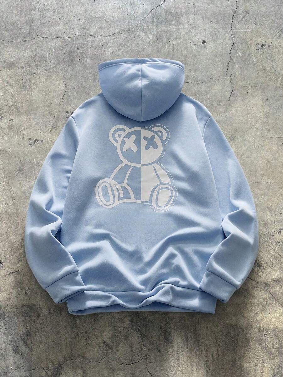 AXEPEAK Men Bear Print Drawstring Thermal Lined Hoodie, Light Blue Graphic Long Sleeve Thick Casual Hoodie, For Friends, Husband, Boyfriend Gifts - Baby Blue - View 1