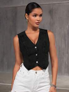 SHEIN Frenchy 休闲通勤短款牛仔背心 - 黑色 - 查看 3