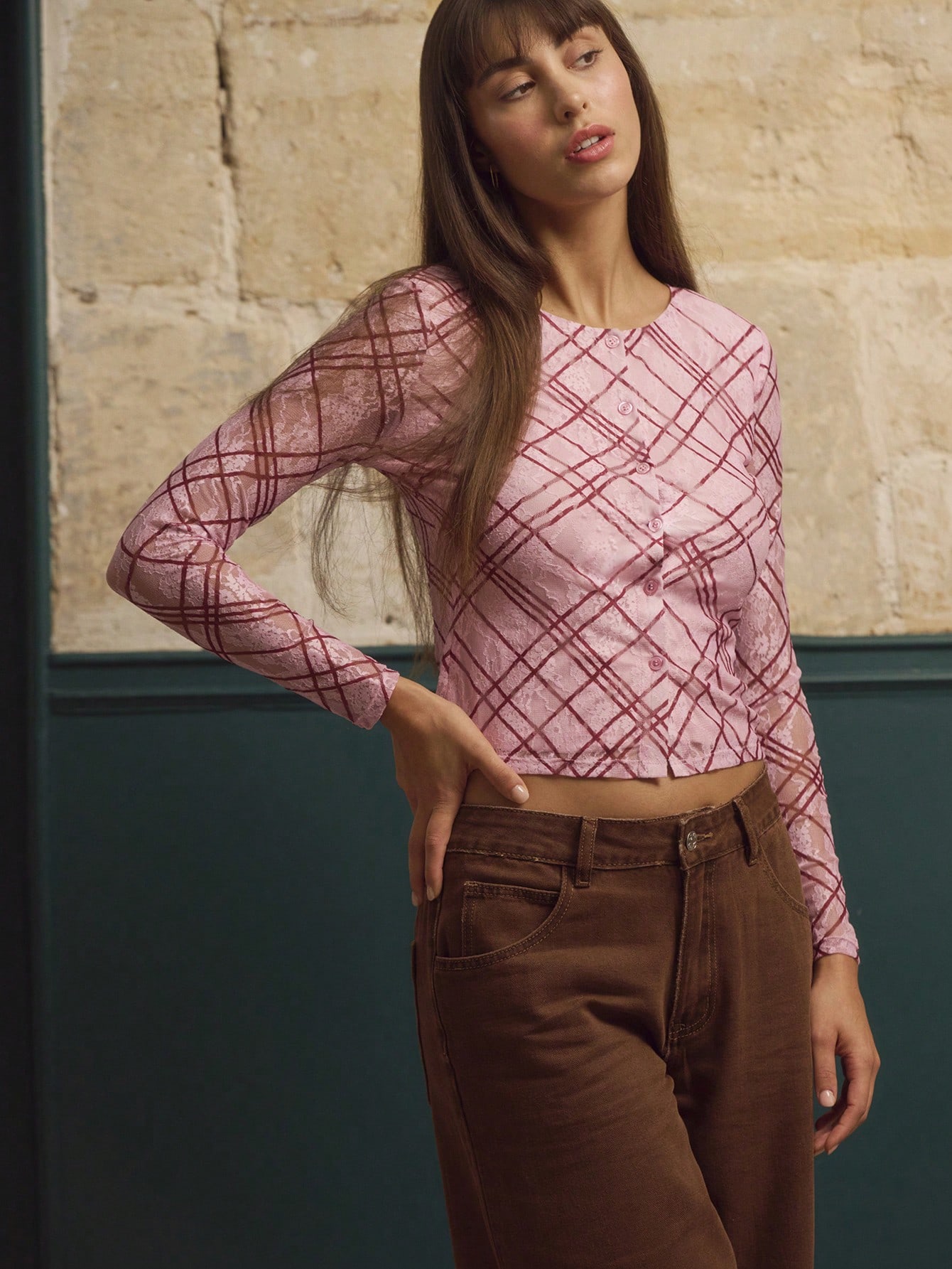 Pale Pink Lace Shirt With Burgundy Check Pattern Long Sleeves Top Spring Summer Pink Top Pink Check Top Pink Plaid Top Elegant Winter Top