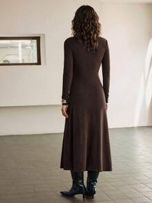 Ontre 2026春夏优雅棕色针织立领长袖收腰褶皱连衣裙，简约风格，日常及商务穿着，2025新款上市 - 棕色 - 查看 5