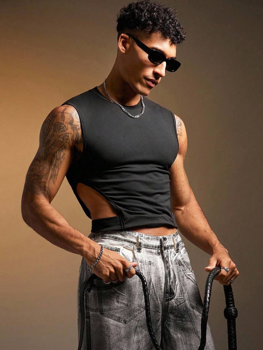 FeverCity Men's Solid Color Round Neck Side Hollow Out Slim Fit Tank Top