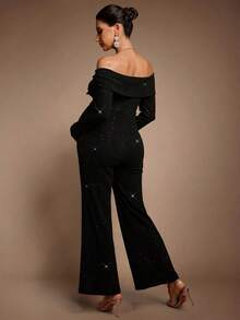 MaterniChic Pregnant Women's Elegant Black Glitter Off Shoulder Long Sleeve Jumpsuit For Autumn,Formal Evening Party & Baby Shower Maternity Jumpsuits - Black - View 2