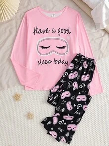 2 件套女童青少年可爱印花长袖上衣和裤子睡衣套装，秋冬休闲家居服 - 粉色 - 查看 3