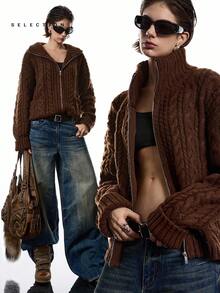 LYSMO SELECTION 2025 Neue Ankunft Minimalismus Winter Damen Kaffeebraun Zopfmuster Dropped Shoulder Langarm Reißverschluss Casual Strick Cardigan für Ausgehen, Streetwear und Stockholm Casual Stil - Kaffeebraun - Übersicht 1