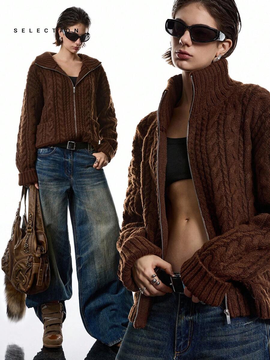 LYSMO SELECTION 2025 Neue Ankunft Minimalismus Winter Damen Kaffeebraun Zopfmuster Dropped Shoulder Langarm Reißverschluss Casual Strick Cardigan für Ausgehen, Streetwear und Stockholm Casual Stil - Kaffeebraun - Übersicht 1