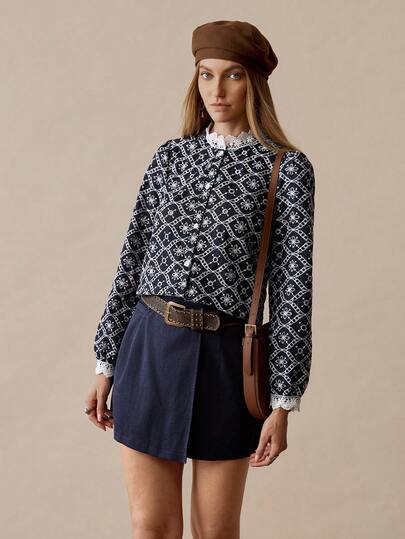 Florisole Women's Elegant Embroidered Lace Patchwork Shirt And Solid Color Faux Pocket Decorated Short Skort 2 Pieces Set, Suitable For Back To School Season In Autumn